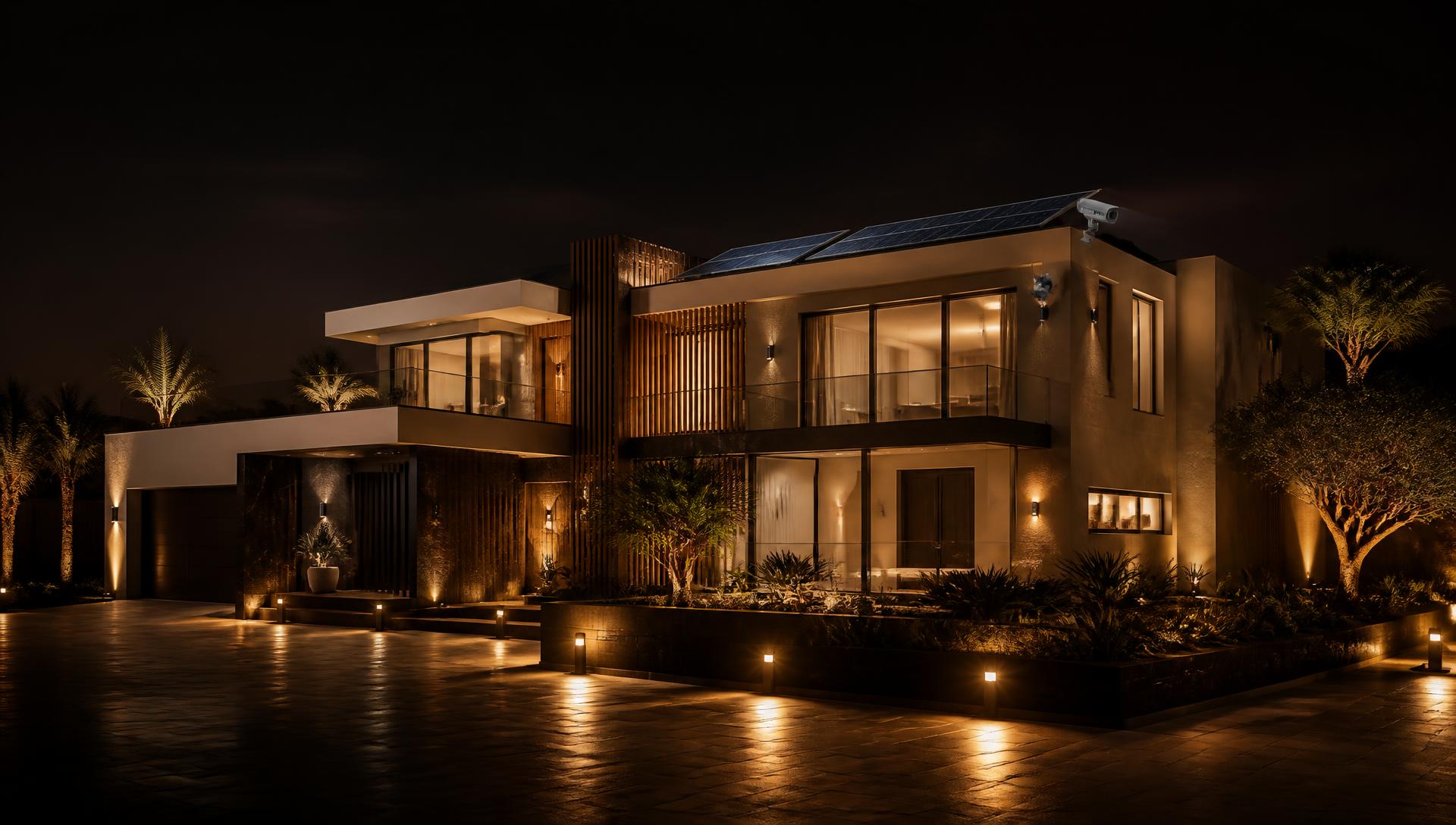 Modern African home at night with solar panels, smart lighting and security cameras