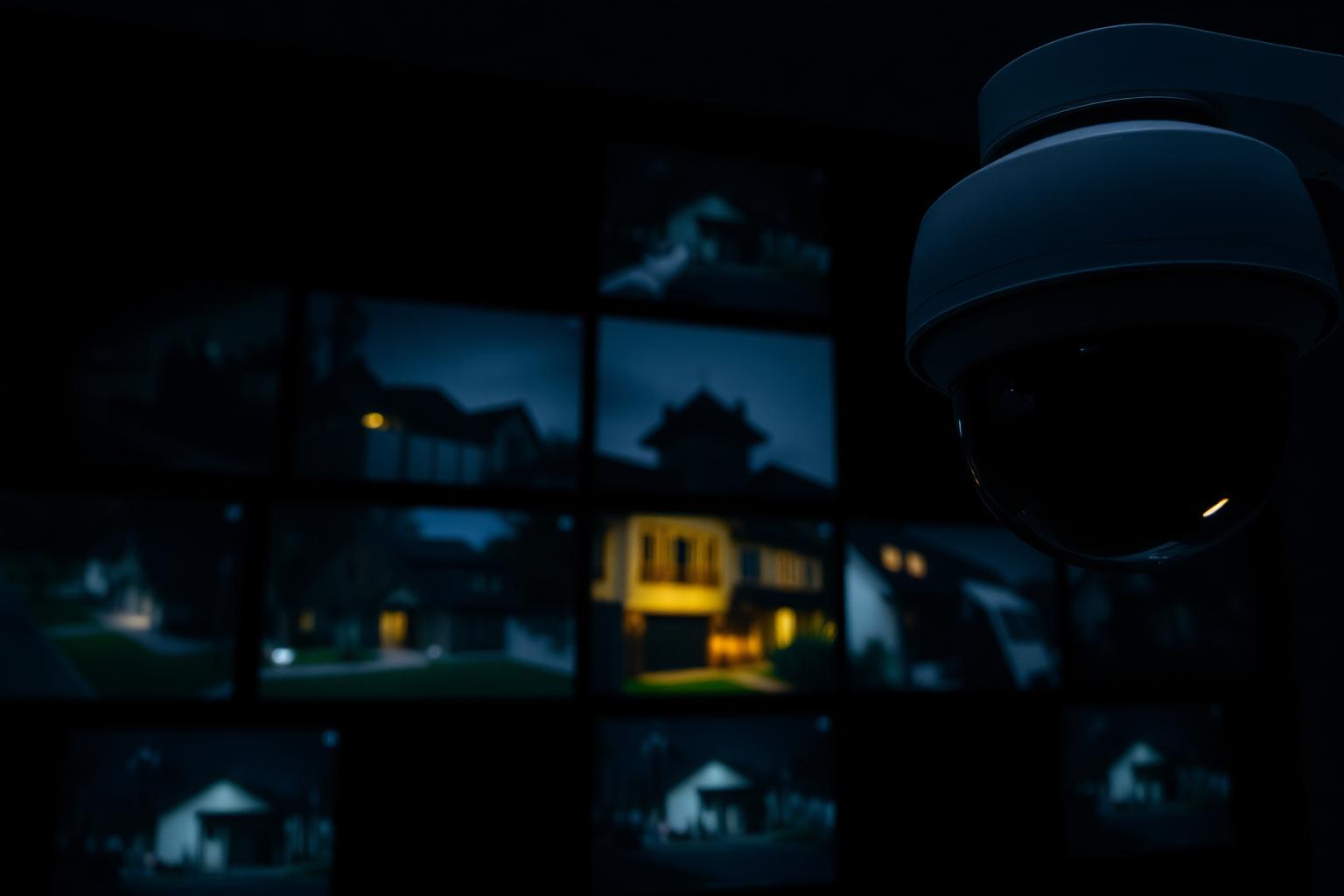 Surveillance monitors showing a protected property at night